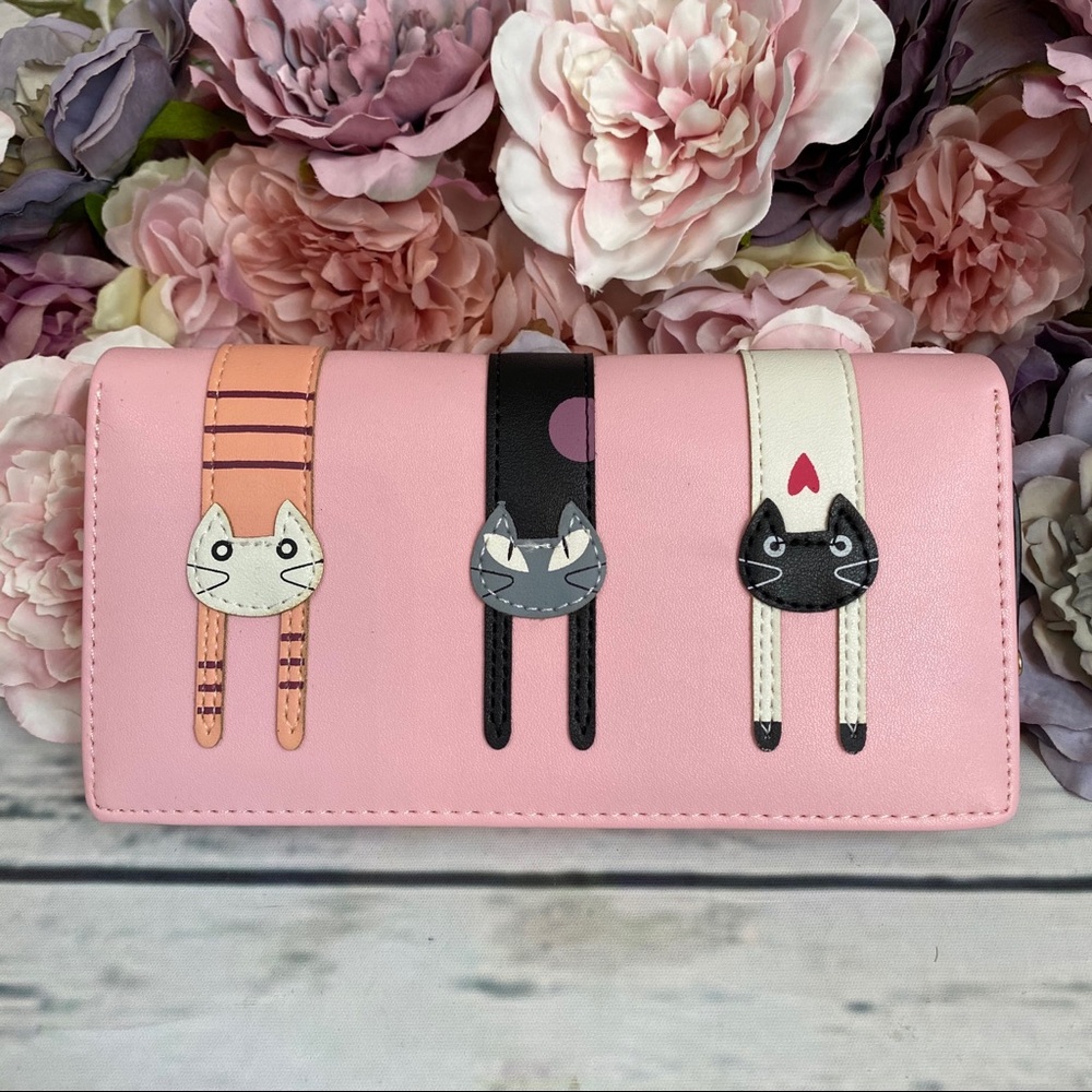 Pink Vegan Leather Cat Clutch Wallet Checkbook - Picture 2 of 15